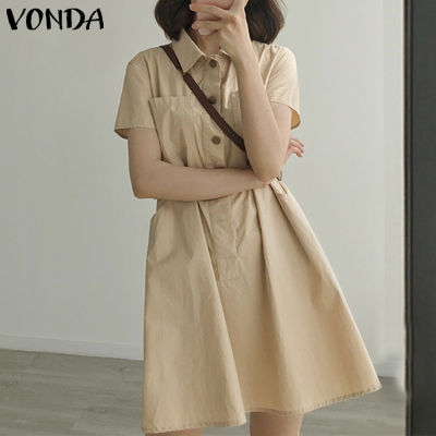 VONDA Women Short Sleeve Holiday Party Pleated Shirt Dress Lapel Button Up Short Dresses (Korean Causal)