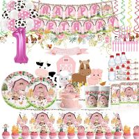 ♟✇☍ Pink Flower Farm Animal Birthday Party Supplies Plates Cake Decoration Sheep Cow Pigs Banner Cake Topper for Girls Baby Shower