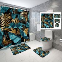 Tropical Plant Shower Curtain Luxurious Blue and Gold Printing Window Curtain for Bathroom Waterproof Partition Cloth with Hooks