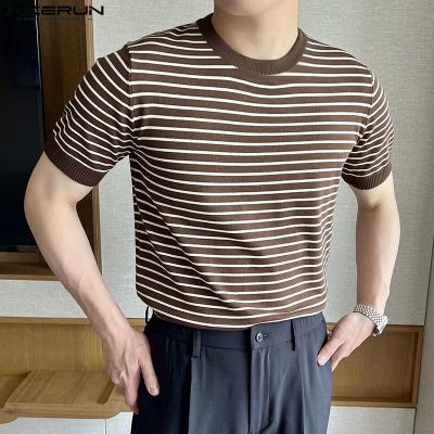 เสื้อยืดผู้ชายแขนสั้น INCERUN เสื้อเบลาส์ลายทางเสื้อยืดคอกลม,เสื้อลายทางสไตล์ฮิปฮอปเสื้อยืด (สไตล์เกาหลี)