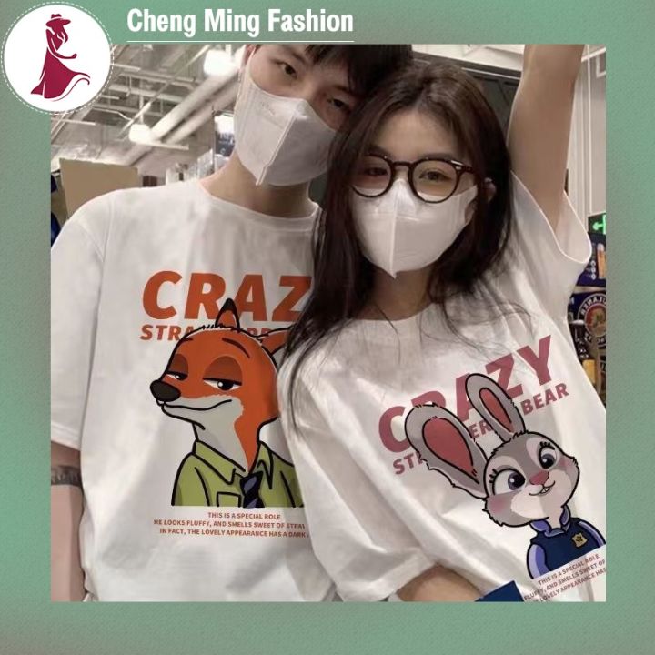 cheng-ming-เสื้อเชิ๊ตพิมพ์ลายการ์ตูน-lengan-pendek-musim-panas-เสื้อเชิ๊ตผ้าฝ้ายคอกลมเสื้อเชิ๊ตตัวหลวมเสื้อลำลอง