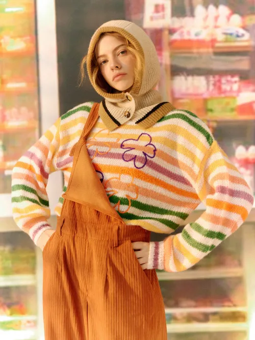 Cider Rainbow Daydreams Striped Floral Sweater Lazada.co.th