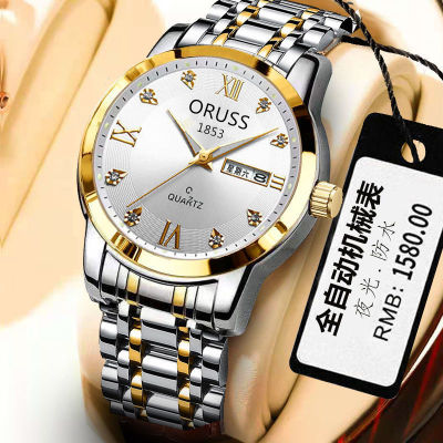 นาฬิกาสำหรับผู้ชาย ORUSS พร้อมการเคลื่อนไหวที่อัตโนมัติเต็มรูปแบบและนาฬิกาข้อมือกันน้ำส่องสว่างปฏิทินคู่ระดับไฮเอนด์