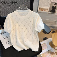 2019OULINNA เสื้อยืดคอกลมประดับลูกปัดสำหรับผู้หญิง,เสื้อยืดผู้หญิงใส่ใน2023ฤดูร้อนเข้ารูปพอดีฝรั่งเศสเสื้อกันหนาวแขนเสื้อสั้นเพรียวบาง2023