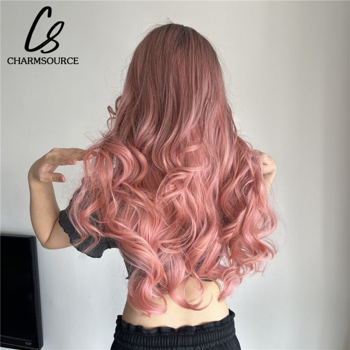 long-wavy-hair-with-neat-bangs-ombre-brown-to-pink-wig-synthetic-wigs-for-women-cosplay-daily-party-use-heat-resistant-fiber