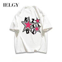 IELGY เสื้อยืดผ้าฝ้ายผู้ชายพิมพ์ลายดาวสีชมพูทันสมัย