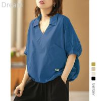 Cotton retro casual V-neck short-sleeved shirt womens unique niche design loose fashion pullover shirt V729