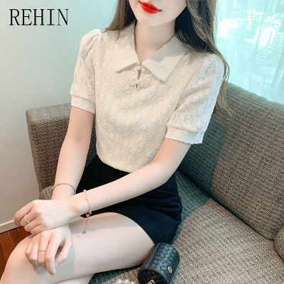 REHIN เสื้อผู้หญิงแขนสั้น,เสื้อสตรีแขนพองดีไซน์หรูหราหัวเข็มขัดสไตล์จีนใหม่ฤดูร้อน