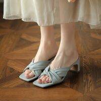 Female high-heeled slippers spring and summer new thick with blue cream-colored open-toed sandals sandals a