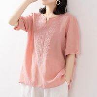 COD tjjs079 Keey Cotton Linen Short Sleeve Shirt Womens Summer V-Neck Embroidered Casual Blouse Top S179