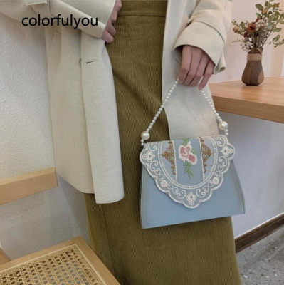 Vintage Designer Bag Women 2021 New Embroidered Flowers Handbag Pearl Handle Shoulder Messenger Bag for Ladies