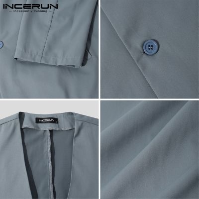 INCERUN Men Fashionable V Neck Long Sleeved Solid Color Button Down Blazer