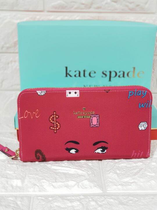 Kate Spade Classic Zip Around Wallet Lyla in Maroon Nylon Wallet with Chic Design Print