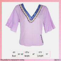 USED - Purple Sequin Ruffle Top | เสื้อแขนสั้นสีม่วง สีน้ำเงิน เสื้อปักเลื่อม เสื้อแขนระบาย คอวี ทรงใหญ่ สายฝอ มือสอง