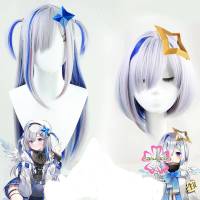 Anime Vtuber Hololive Amane Kanata Cosplay Wigs Silver Gray Mixed Blue Synthetic Hair Halloween Costume Hairpins Prop + Wig Cap