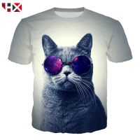 HX Ready Stock Cat พร้อมแว่นกันแดด3D พิมพ์เสื้อยืดแขนสั้นผู้ชายผู้หญิง