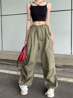 ฮิปฮอปย้อนยุคกางเกงผู้หญิงคาร์โก้สีเขียว Y2K ฮาราจูกุขนาดใหญ่สีดำกางเกงร่มชูชีพย้อนยุคของผู้หญิงสตรีทแวร์