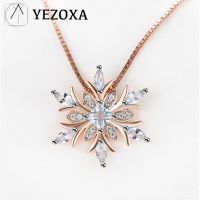 YEZOXA สร้าง925เงินสเตอร์ลิงบุษราคัมสีฟ้า14K สร้อยคอจี้รูปเกล็ดหิมะชุบกุหลาบสำหรับผู้หญิงไม่มีโซ่