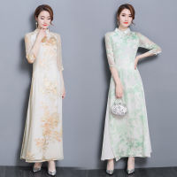 ผู้หญิงจีนย้อนยุคชุดด้านบนยาวปรับปรุงรสสูทแฟชั่น Cheongsam เวียดนาม Aodai