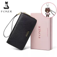 FOXER Women Genuine Leather Long Wallet Lady Clutch with Wristlet Strap Credit Card Holder Cellphone Mobile Phone Bag