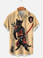 【 Cw】japanese Samurai Cat Summer Shirts 3d Print Men S Hawaiian Shirt Funny Animal Men S Shirts Short Sleeve Loose Top Shirt For Men เสื้อแขนสั้น