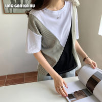 LING GAN KA NU เสื้อยืดแขนสั้นผู้หญิง  ฤดูร้อนใหม่เวอร์ชั่นเกาหลีแฟชั่นอารมณ์ตีสีทุกการแข่งขันสไตล์ฮ่องกงเสื้อสวมหัวแขนสั้น