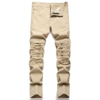 New Fashion Mens Biker Jeans Pants Slim Fit Pleated Motocycle Denim Trousers Brand Designer High Elastic Khaki Ripped Jeans