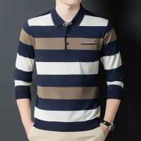 MLSHP Autumn Winter Long Sleeve Striped Mens Polo Shirts Fashion Turn Down Collar Knitted Business Loose Casual Man Tops 3XL