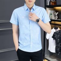 Spot high CP value] male youth handsome blouse printed short-sleeved mens thin shirt summer ice silk trendy shirt business leisure mens shirt professional inch shirt half-sleeved mens clothingTH