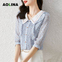 AOLINA 2023คอตุ๊กตาแขน3/4เสื้อชีฟองลายดอกไม้มีระบายสำหรับผู้หญิงเสื้อเชิ้ตใส่เดินทางลดวัย