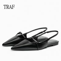 TRAF 2023 Woman Pointed Leather Flats Shoes 2023 Black Casual Slingbacks Shallow Mouth Single Shoes Women Ballet shoes Sandals