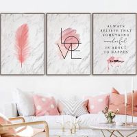 Fashion Poster Pink Feather Canvas Lips Print Marble Text Wall Art Picture Modern Living Room Girl Bedroom Home Decoration Frame