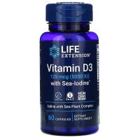 วิตามินดี 3 และไอโอดีนจากทะเล Vitamin D3 with Sea-Iodine 5,000 IU 60 Capsules - Life Extension