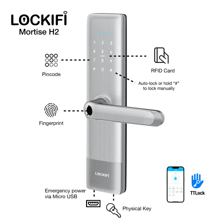 Lockifi Smart Lock Lever Handle Mortise H2 Silver TTLock app