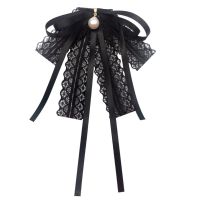 ∋ Women Girls Black Lace Ribbon Bow Tie Imitation Pearl Pendant Brooch Pin Necklace Student Uniform Shirt Blouse Pre-Tied Jabot Co