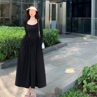 Senior feeling backless French Hepburn wind black dress super long mop the floor skirt long sleeve dress early autumn temperament