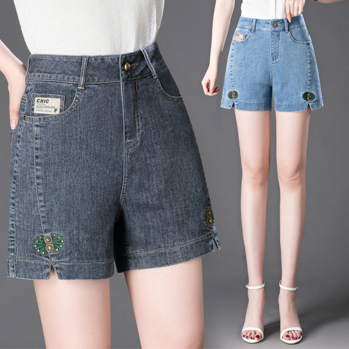 กางเกงขาสั้นผู้หญิงยีนส์ฤดูร้อนเอวสูง-2023-รุ่นใหม่ทรงหลวมใส่แล้วดูผอม-a-คำพูดกางเกงสี่ส่วนแบบบางกางเกงใส่ด้านนอกอินเทรนด์-ins