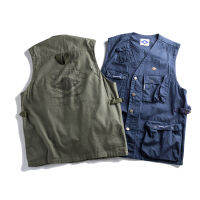 MNDS Multi-Pocket Tooling Vest Tide Brand Japanese Retro Motorcycle Washed Casual Sleeveless Jacket