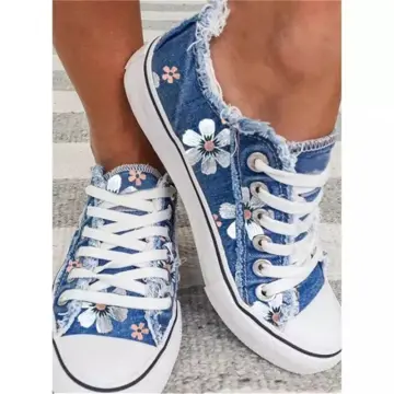 Women Denim Canvas Trainers Pumps Ladies Lace Up Casual Sneakers Flat Shoes  Siz=