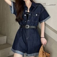 Denim jumpsuit womens summer thin jumpsuit chic high-end design sense age-reduced jumpsuit shorts suit