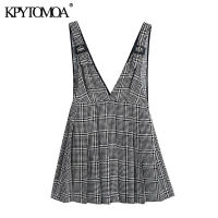 KPYTOMOA Women Fashion Pleated Houndstooth Pinafore Skirt Vintage V Neck Side Zipper Adjustable Straps Female Skirts Mujer