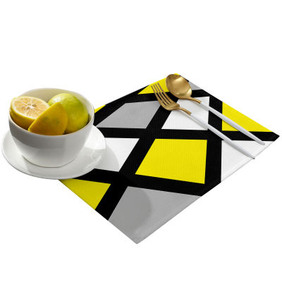 สีเหลืองสีดำสีเทาเรขาคณิตสแควร์รับประทานอาหาร placemat บนโต๊ะอาหารเสื่อบนโต๊ะอาหารเสื่อเสื่อเสื่อจ้า Pad 46ชิ้นตารางเสื่อตกแต่งบ้านการตั้งค่า
