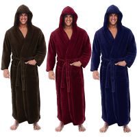 Mens Bathrobe Winter Plush Flannel Hooded Winter Thick Warm Soft Nightwear Solid Color Pockets Long Bath Robe Home Sleepwear