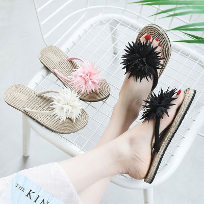 2023 imitation hemp flat linen bottom female flower sandals Han outer word procrastinates beach slippers