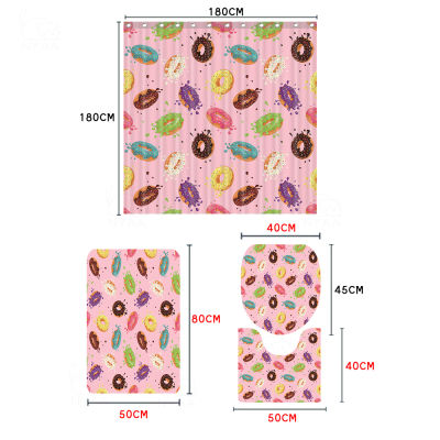 Donuts With Pink Icing Bath Shower Curtain Polyester Waterproof Bathroom Curtain Carpet Rugs Set Non-slip KitchenBath Mat