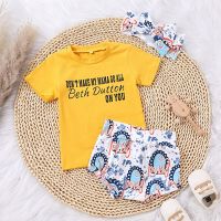 3 6 12 18 Months Summer Lovely Baby Girls Clothes Sets Letter Short Sleeve T Shirts+Printed Elastic Shorts Headband 3pcs Suits  by Hs2023