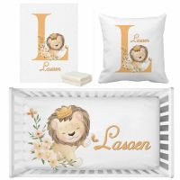 LVYZIHO Cute Doodle Lion With Floral Illustration Baby Bedding Set, Birthday Gift Toddler Gift Bedding Set, Baby Shower Bedding