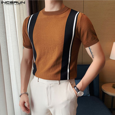INCERUN เสื้อยืดลำลองแขนสั้นคอกลมเย็บปะติดปะต่อกันสำหรับผู้ชายเสื้อพอดีกับกล้ามเนื้อ (สไตล์เกาหลี)