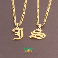 Old English Letters Initial Pendant Necklaces A B C D E F G H I J K L M N O P Q R S T U V W X Y Z Alphabet Necklace Figaro Chain