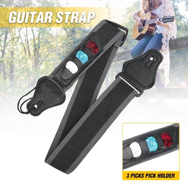 Guitar Strap with 3 Picks Holders PU Leather Ends Acoustic Guitar Bass